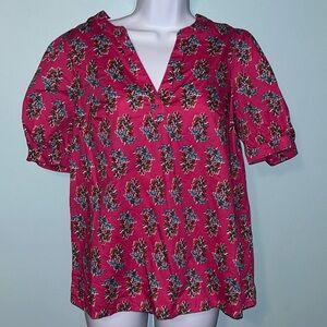 NWOT J Crew Factory Vibrant Pink Floral Print Short Sleeve Top, Small